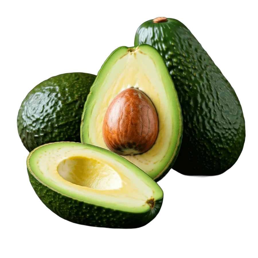 Aguacates Hass enteros y cortados por la mitad, mostrando pulpa y hueso