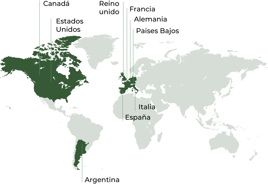 Mapamundi con los nueve destinos de exportación de Avoterra rotulados: España, Países Bajos, Francia, Alemania, Italia, Reino Unido, Estados Unidos, Canadá y Argentina